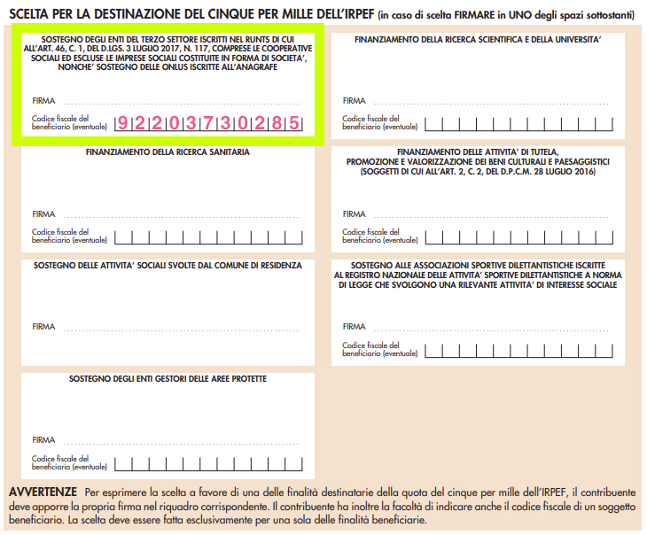 scelta per la destionazione del cinque per mille dell'irpef
