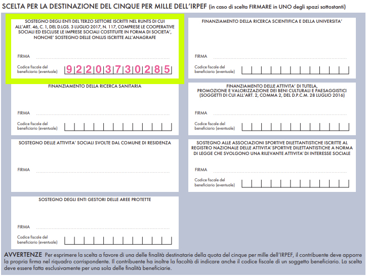 scelta per la destionazione del cinque per mille dell'irpef